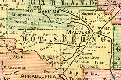 Early map of Hot Spring, Arkansas including Malvern, Butterfield, Gifford, Donaldson, Social Hill, Friendship